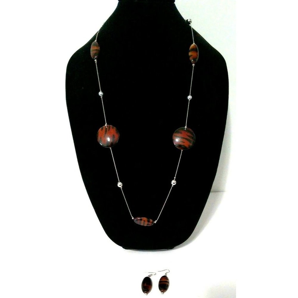 Statement Necklace W Matching Earrings Tiger Stripe Silver Tone Tribal Primitive